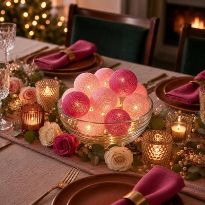 Glowing pink and fuchsia cotton ball lights inside a glass bowl as a table centerpiece - thumbnail number 4