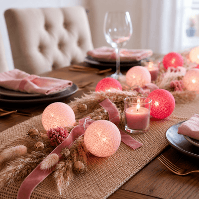 Pink and white LED cotton ball lights on a table runner with velvet ribbon and candles - thumbnail number 9