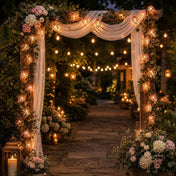 Rose gold leaf string lights decorating a floral wedding archway at night - thumbnail number 6