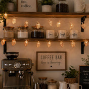 Rose gold leaf string lights decorating coffee bar shelves - thumbnail number 8