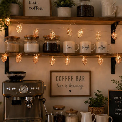 Rose gold leaf string lights decorating coffee bar shelves - thumbnail number 8