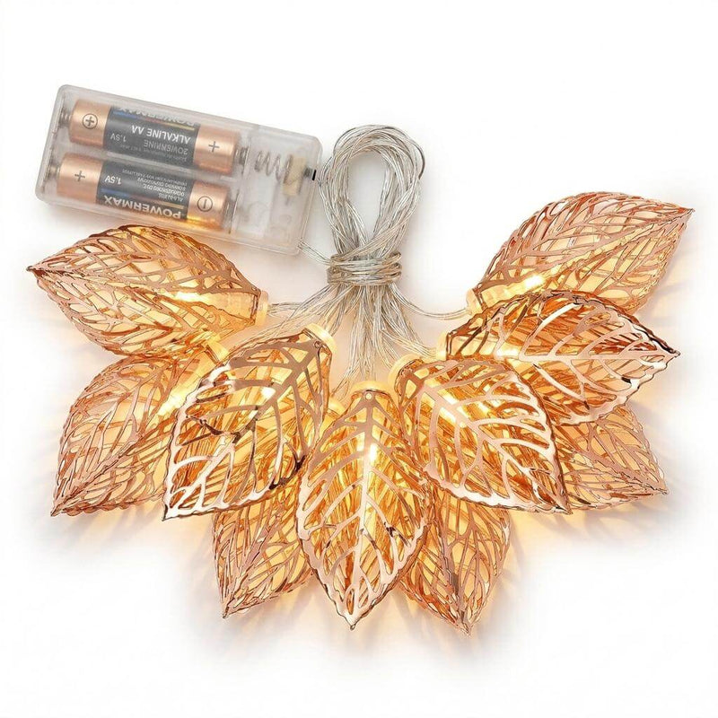 Rose gold leaf string lights with a battery pack on a white background - thumbnail number 2