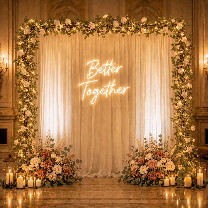 Rose and light garland around a "Better Together" neon backdrop - thumbnail number 3