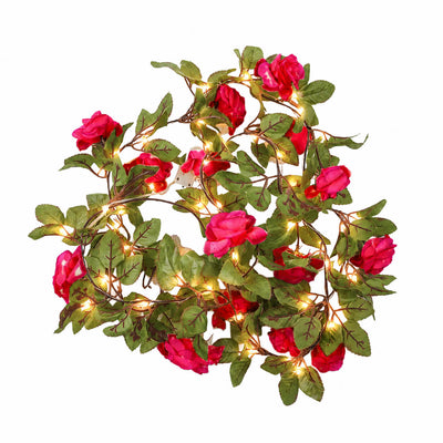 A 7ft red silk rose flower garland with 20 warm white LED string lights on a white background - thumbnail number 2