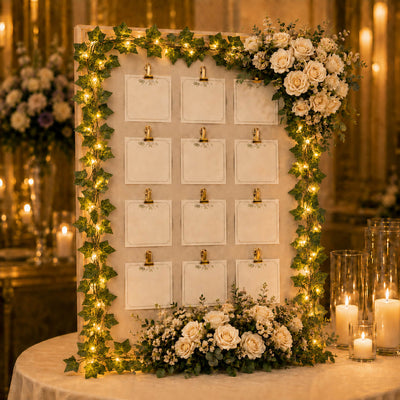 Ivy garland string lights framing a wedding seating chart board decorated with white roses - thumbnail number 7