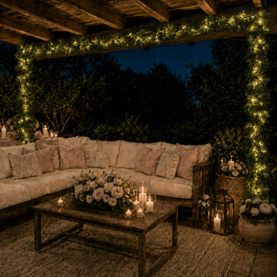 Eucalyptus garland with warm white LED string lights frames an outdoor lounge at night - thumbnail number 7