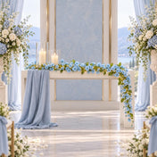 Blue jasmine flower garland with fairy lights and candles on an altar table. - thumbnail number 3