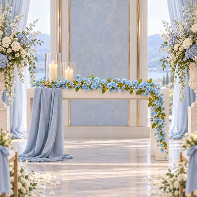 Blue jasmine flower garland with fairy lights and candles on an altar table. - thumbnail number 3