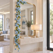 Blue jasmine flower garland with fairy lights framing a wall mirror - thumbnail number 11