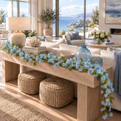 Blue jasmine flower garland with fairy lights on a wooden table - thumbnail number 12
