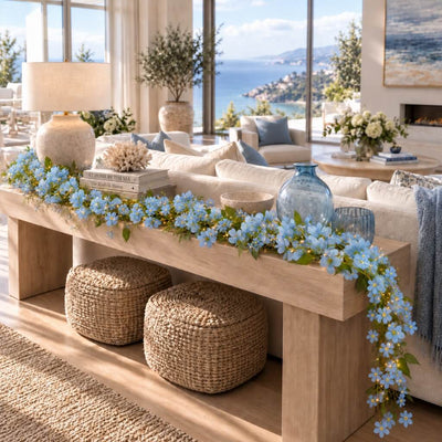 Blue jasmine flower garland with fairy lights on a wooden table - thumbnail number 12