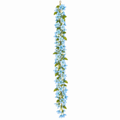 A single 6ft blue jasmine silk flower garland hanging vertically on white - thumbnail number 1