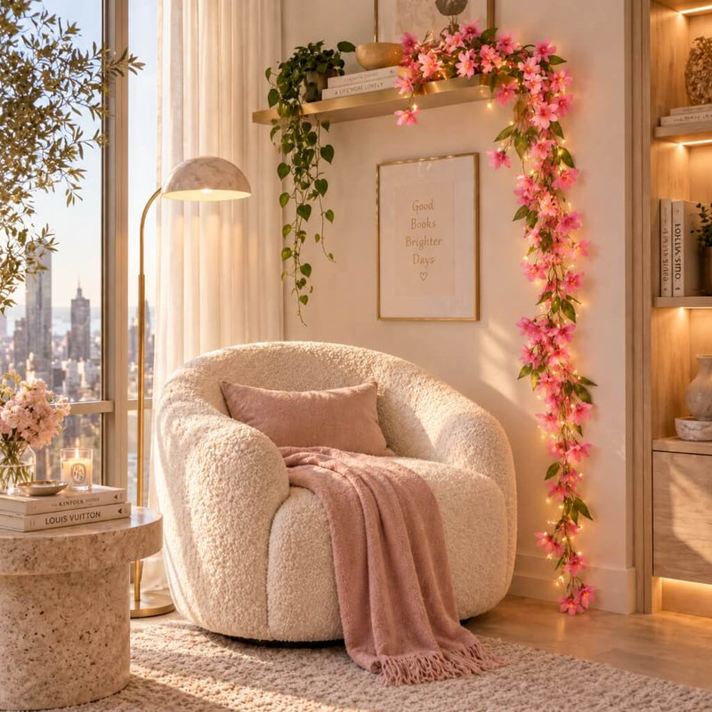 Pink jasmine LED garland decorating a wall shelf and chair area - thumbnail number 7