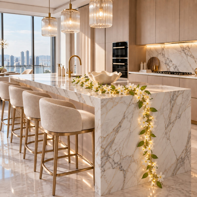 White jasmine flower garland with fairy lights on a marble kitchen island - thumbnail number 9