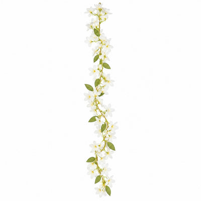 A single 6ft white jasmine silk flower garland hanging vertically - thumbnail number 1