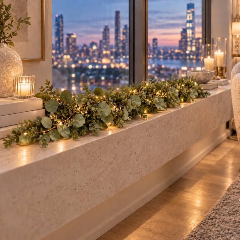 Artificial Eucalyptus and Boxwood Leaf Garland String Lights, Warm White 20 LED Battery Operated Fairy Lights with Fake Greenery Hanging Vines - 6.5ft - thumbnail number 9