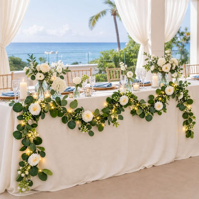 LED Greenery Garland with Artificial Eucalyptus & Peony Florals - Battery Operated Green Garland for Table & Fireplace Décor - 5.5ft - thumbnail number 5