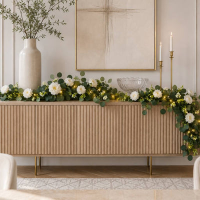 LED Greenery Garland with Artificial Eucalyptus & Peony Florals - Battery Operated Green Garland for Table & Fireplace Décor - 5.5ft - thumbnail number 10