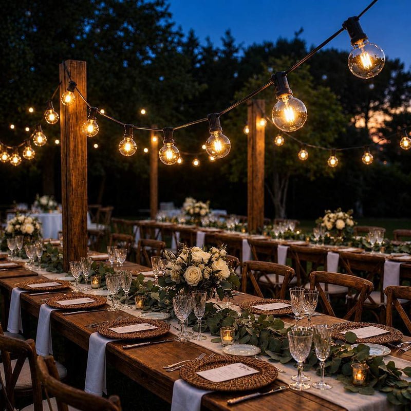 String lights hanging over outdoor banquet tables at twilight - thumbnail number 3