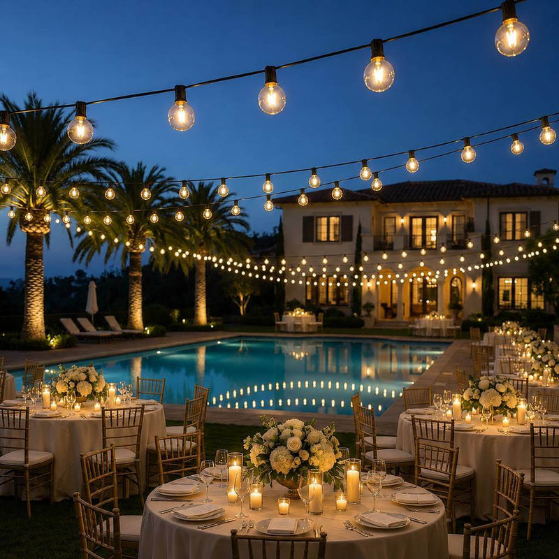 Hanging string lights illuminating an outdoor patio and pool party at dusk - thumbnail number 7