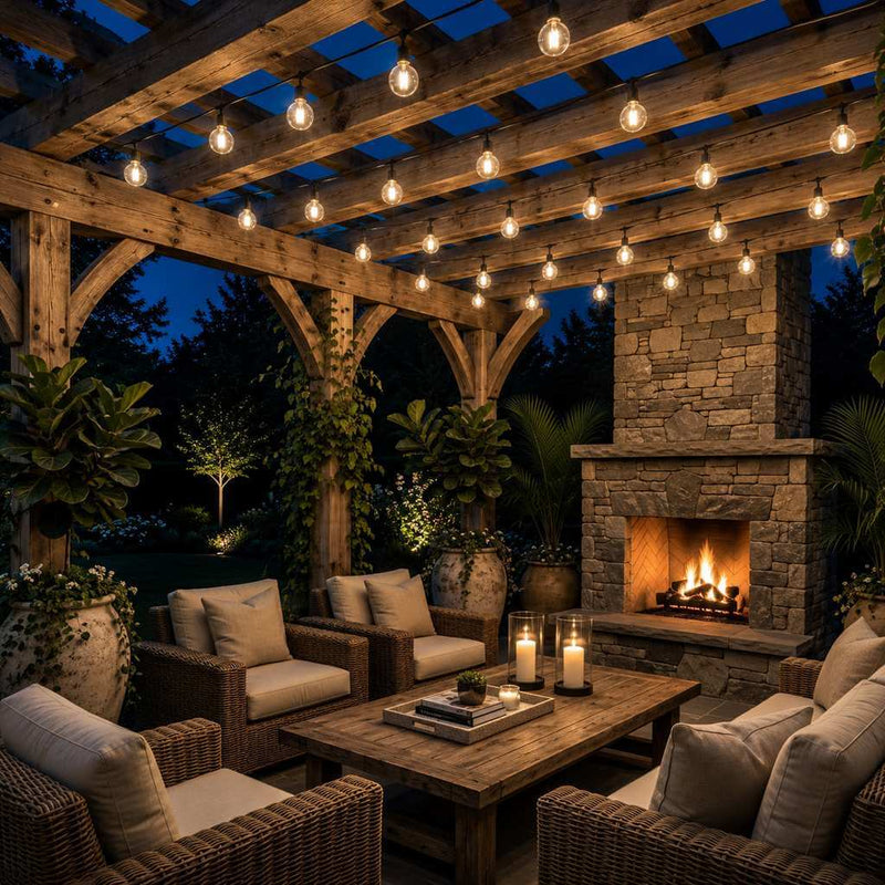 String lights hanging from a wooden pergola over an outdoor seating area - thumbnail number 10