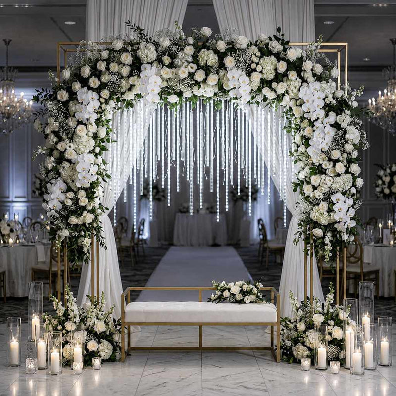 Illuminated hanging meteor shower lights inside a grand floral wedding arch - thumbnail number 4