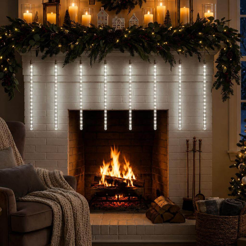 Hanging LED meteor shower string lights decorating a fireplace mantel - thumbnail number 8