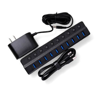 USB 3.0 10-Port Powered Charging Hub – 12V/2A with Independent Switches for LED Lamps, Event Lights & Wedding Installations