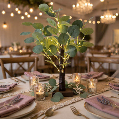 17 inch artificial eucalyptus tree with warm white LED lights as a centerpiece on a wedding table - thumbnail number 7