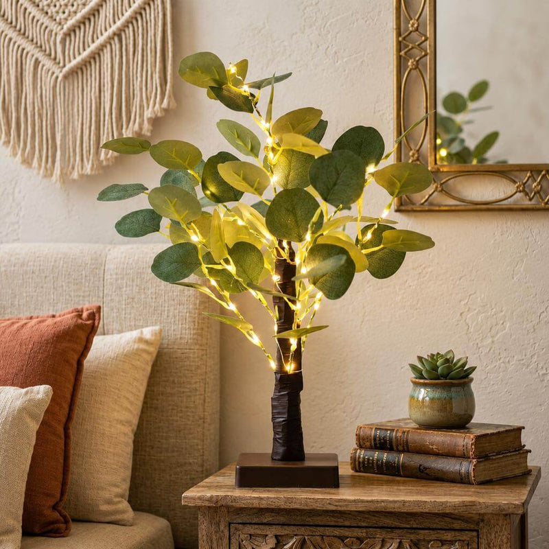 17 inch LED artificial eucalyptus tree on a nightstand as bedroom decor - thumbnail number 9