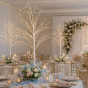 6ft lighted birch trees with warm white LEDs at an elegant indoor wedding reception - thumbnail number 4