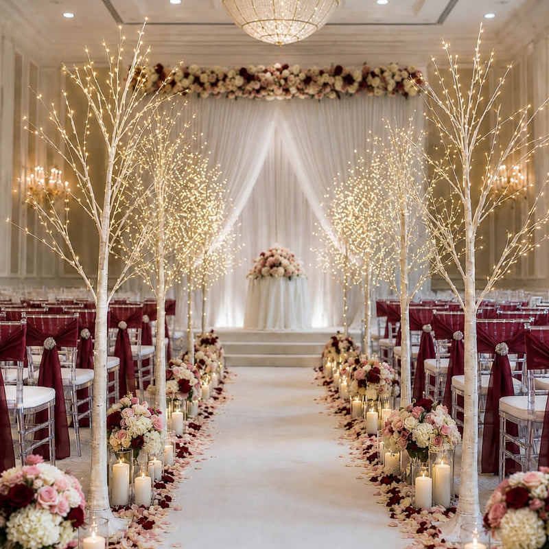 6ft lighted birch trees with warm white LEDs lining an elegant indoor wedding ceremony aisle - thumbnail number 5