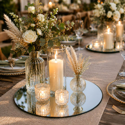 Flowers and candles in glass holders on a 14 inch round mirror tray - thumbnail number 4