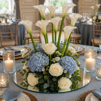 Floral centerpiece with roses and blue hydrangeas on a 14 inch round mirror tray - thumbnail number 5