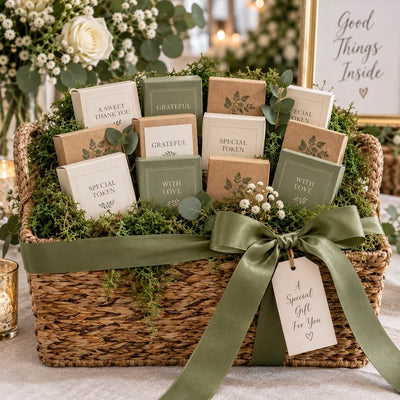 Gift basket filled with preserved green reindeer moss and small craft boxes tied with a green ribbon - thumbnail number 7