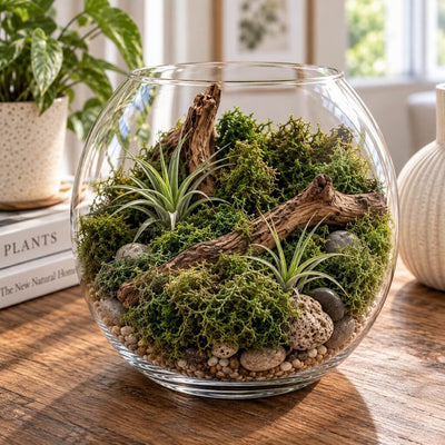 Glass terrarium bowl filled with green reindeer moss, air plants, and wood pieces on a table - thumbnail number 8