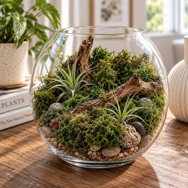Glass terrarium bowl filled with green reindeer moss, air plants, and wood pieces on a table - thumbnail number 8