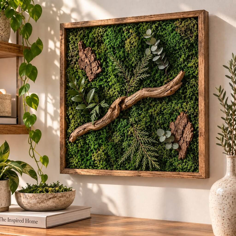 Wooden wall art frame filled with preserved green reindeer moss and wood branches - thumbnail number 11