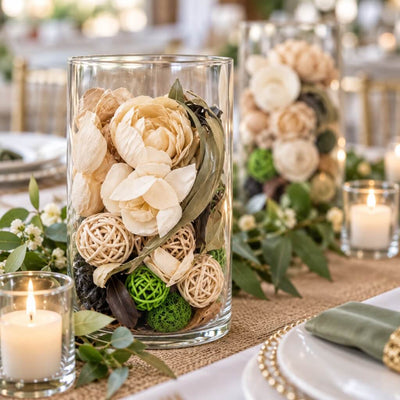 Glass cylinder vase filled with natural dried potpourri and candles on a table - thumbnail number 2