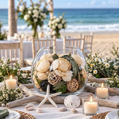Glass bowl with natural dried potpourri on a beach wedding table - thumbnail number 3