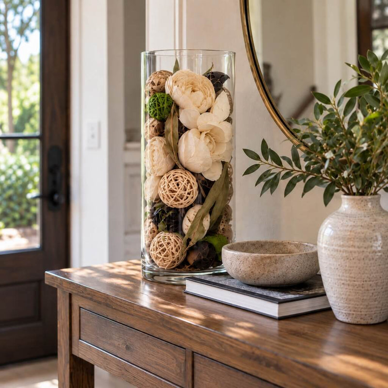 Tall glass cylinder vase filled with natural dried potpourri on a wooden console table - thumbnail number 9