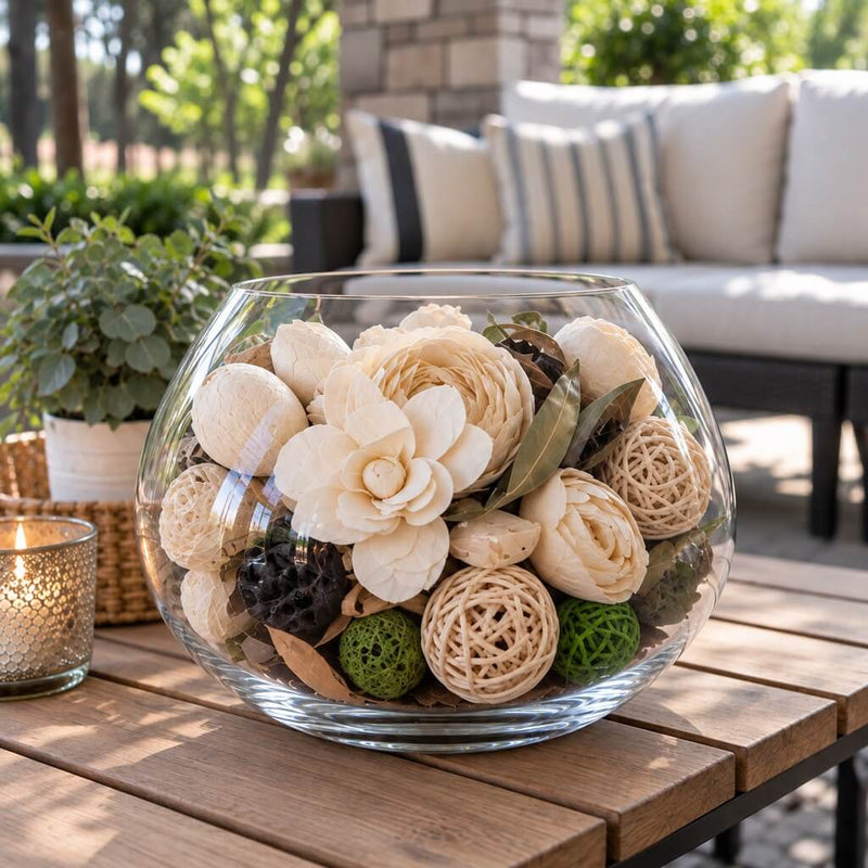 Round glass bowl filled with natural dried potpourri flowers on a wooden outdoor table - thumbnail number 11