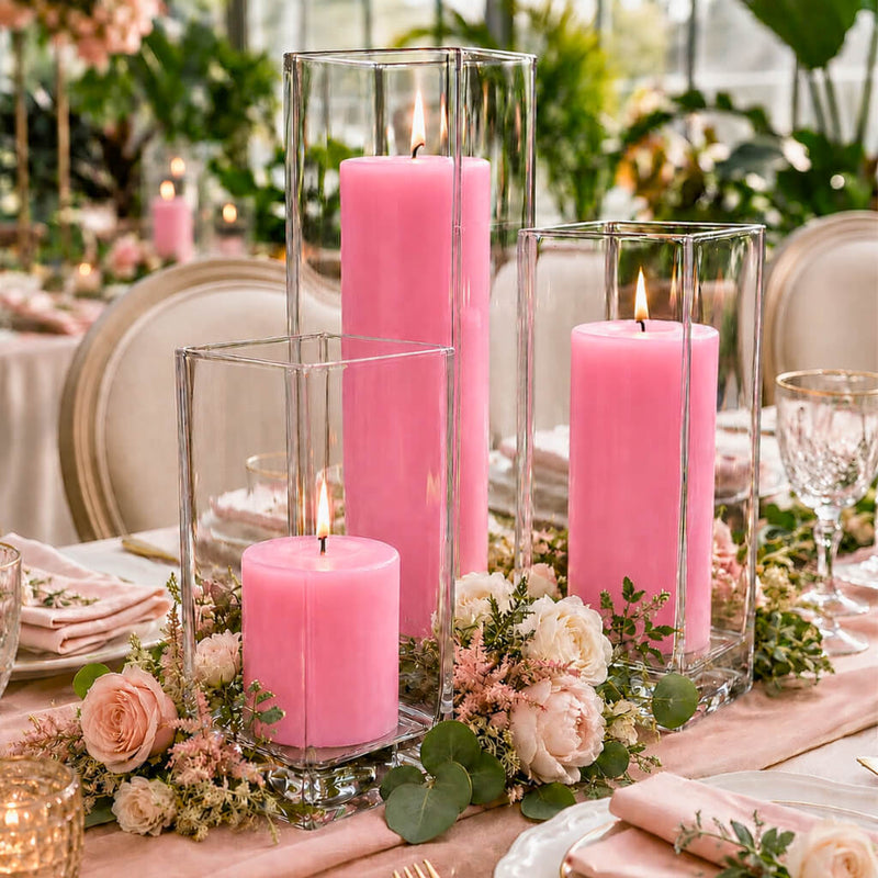 A lavish floral table centerpiece anchored by an elegant glass Square Pillar Candle Holder set - thumbnail number 4