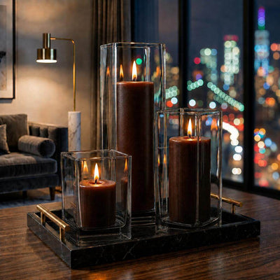 Square vases with lit brown candles on a tray - thumbnail number 11