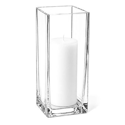 A clean product studio shot of a tall glass Square Pillar Candle Holder 12" with a candle - thumbnail number 2