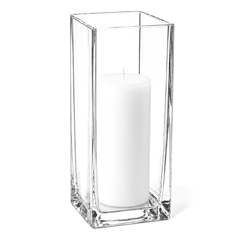 A clean product studio shot of a tall glass Square Pillar Candle Holder 12" with a candle - thumbnail number 2