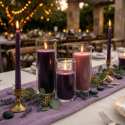 Purple pillar and taper candles with greenery centerpiece and runner - thumbnail number 5