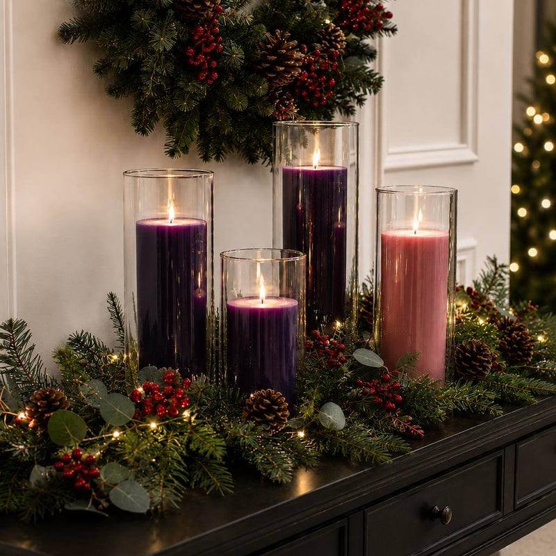 Purple and pink pillar candles in glass holders with holiday garland - thumbnail number 7