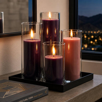 Purple and pink pillar candles in glass holders on a tray - thumbnail number 6