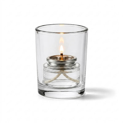 Lit Liquid Paraffin Fuel Cell inside clear glass hurricane holder on white background - thumbnail number 3